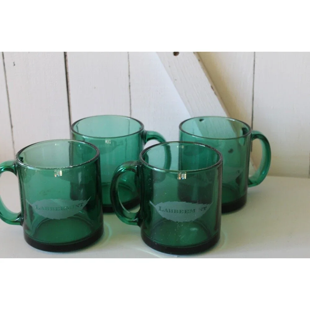 Mid-Century Emerald Green Pressed Labbreemint Advertise Glasse's set of 4